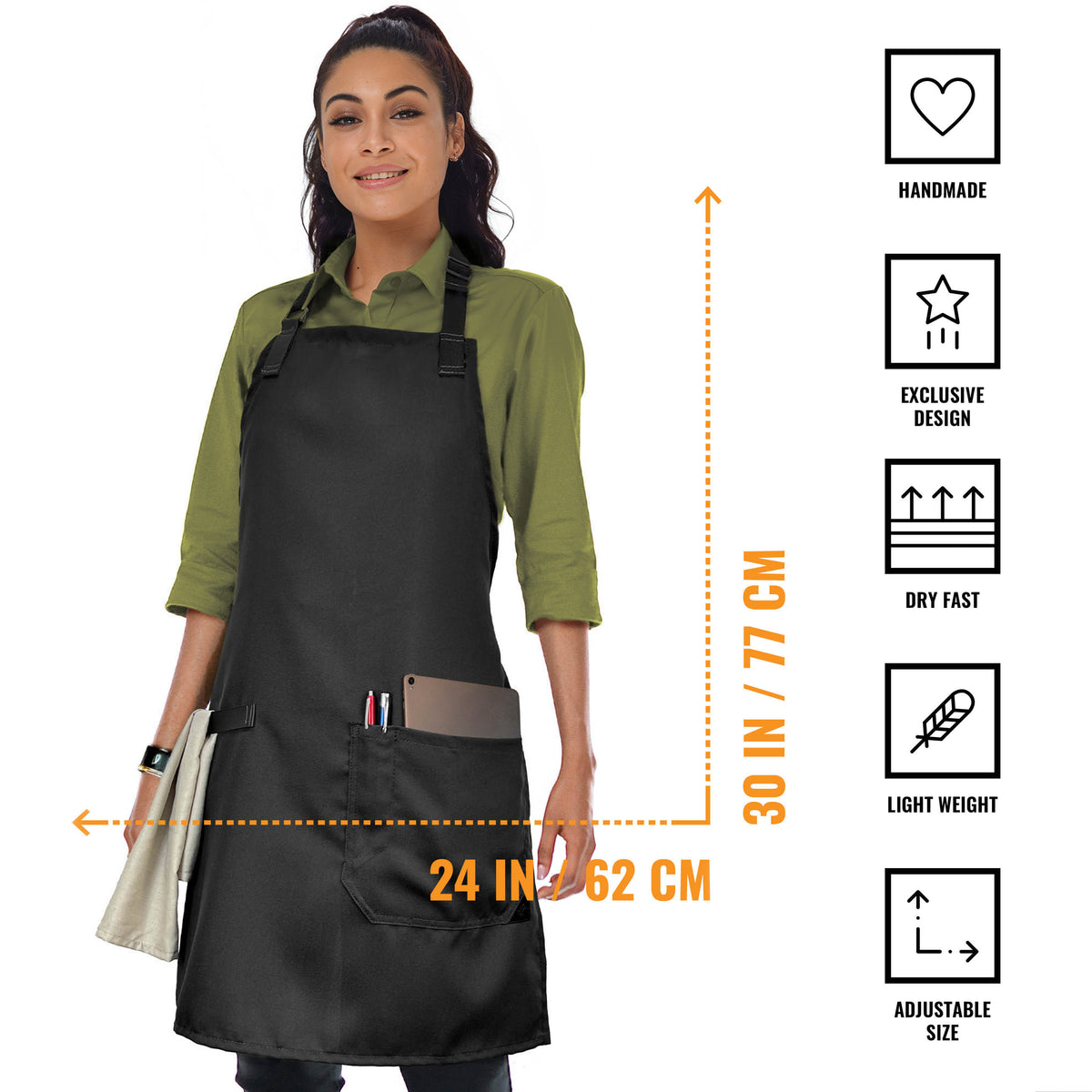 Super Light Apron - Pocket, Towel Loop, Leather Reinforcement - Kitchen Bib Apron - Cook, Chef, Server, Barista - Under NY Sky
