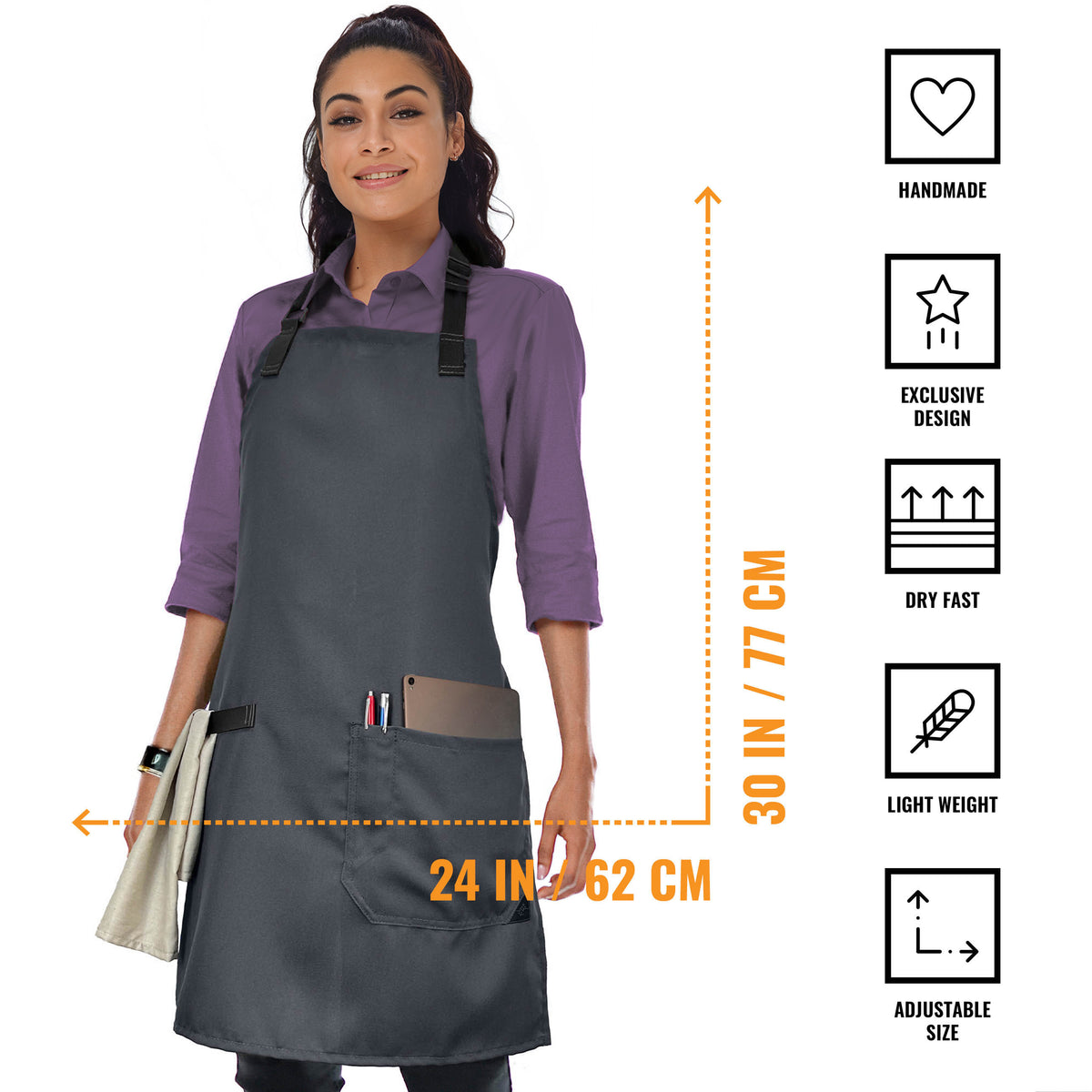 Super Light Apron - Pocket, Towel Loop, Leather Reinforcement - Kitchen Bib Apron - Cook, Chef, Server, Barista - Under NY Sky