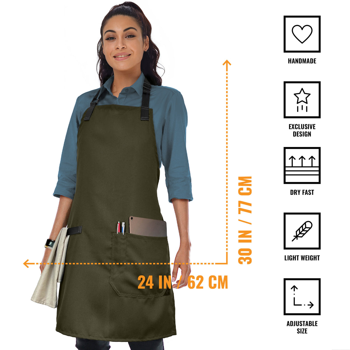 Super Light Apron - Pocket, Towel Loop, Leather Reinforcement - Kitchen Bib Apron - Cook, Chef, Server, Barista - Under NY Sky