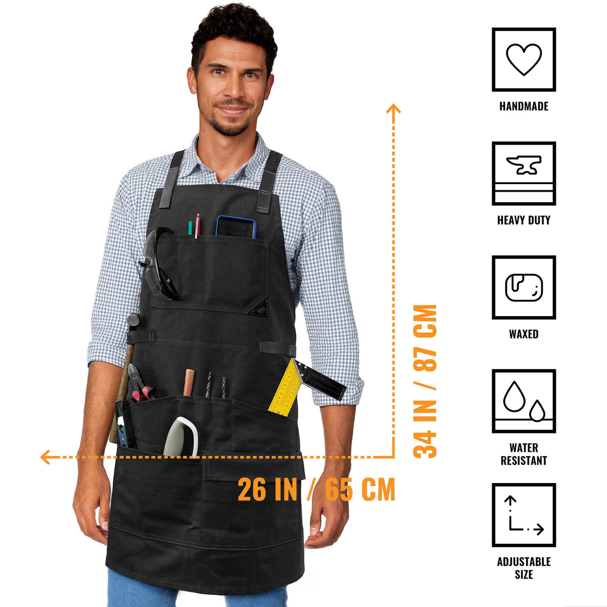 Woodwork Apron - 12 pockets &amp; loops, Waxed Canvas, Cross-Back, Leather Reinforcement - Carpenter, Workshop, Tool - Under Ny Sky