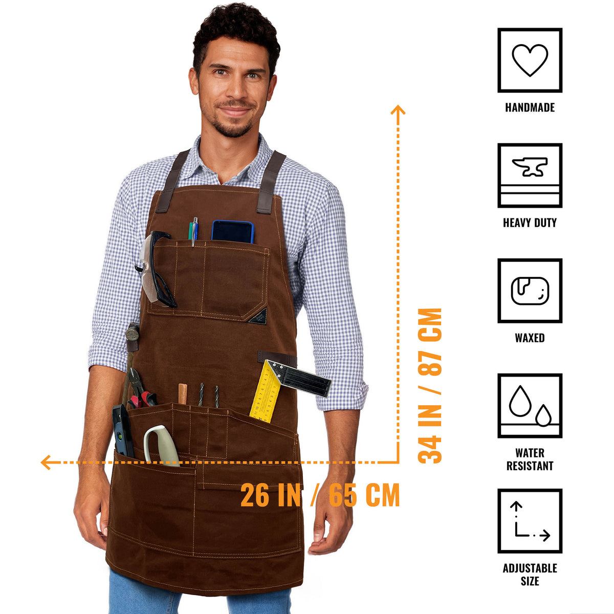 Woodwork Apron - 12 pockets &amp; loops, Waxed Canvas, Cross-Back, Leather Reinforcement - Carpenter, Workshop, Tool - Under Ny Sky