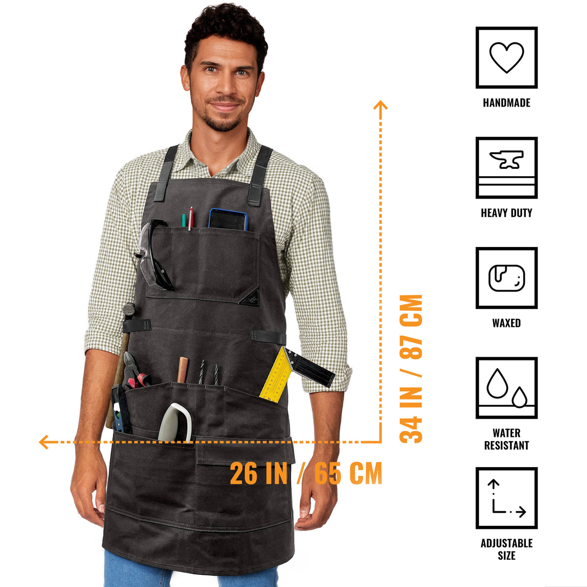 Woodwork Apron - 12 pockets &amp; loops, Waxed Canvas, Cross-Back, Leather Reinforcement - Carpenter, Workshop, Tool - Under Ny Sky