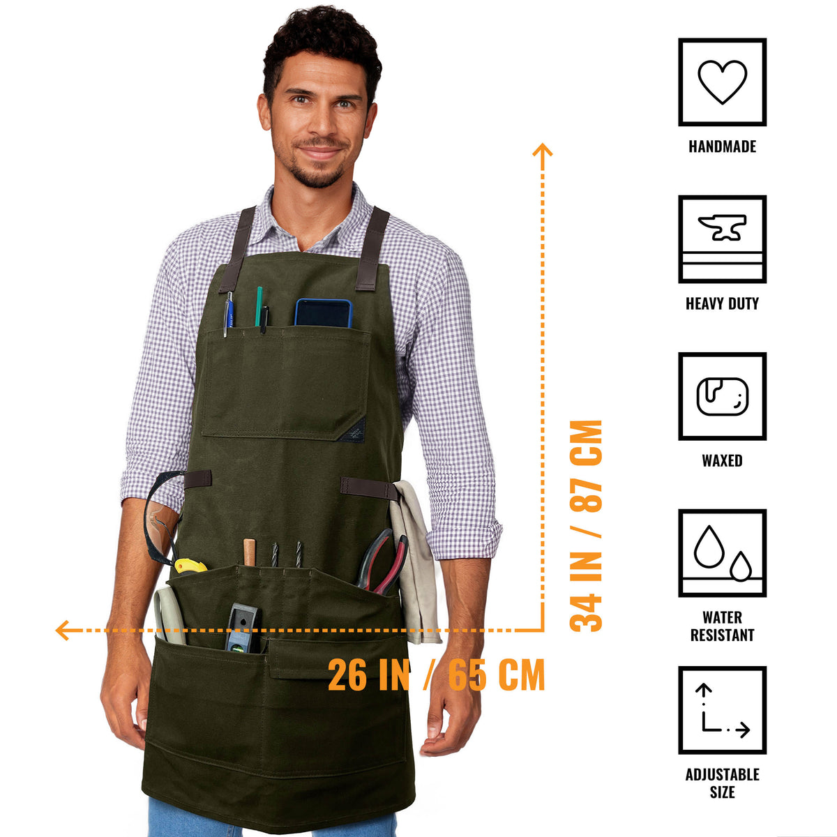 Woodwork Apron - 12 pockets &amp; loops, Waxed Canvas, Cross-Back, Leather Reinforcement - Carpenter, Workshop, Tool - Under Ny Sky
