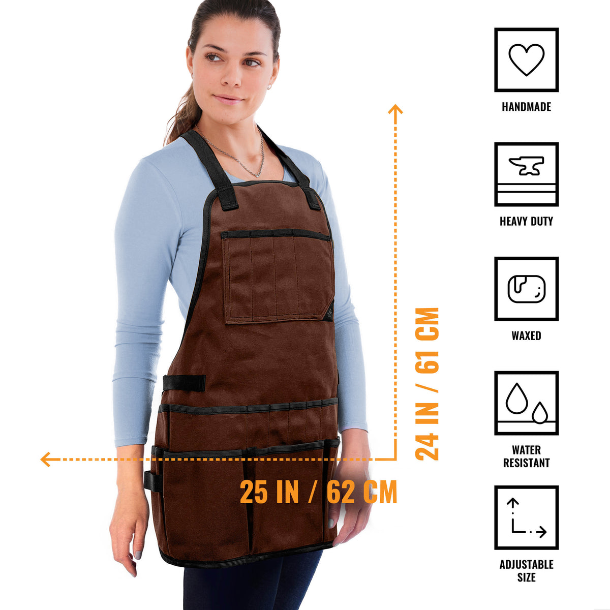Tool Apron - 20 Pockets &amp; Slots, Cross-Back, Sturdy Waxed Canvas - Under NY Sky