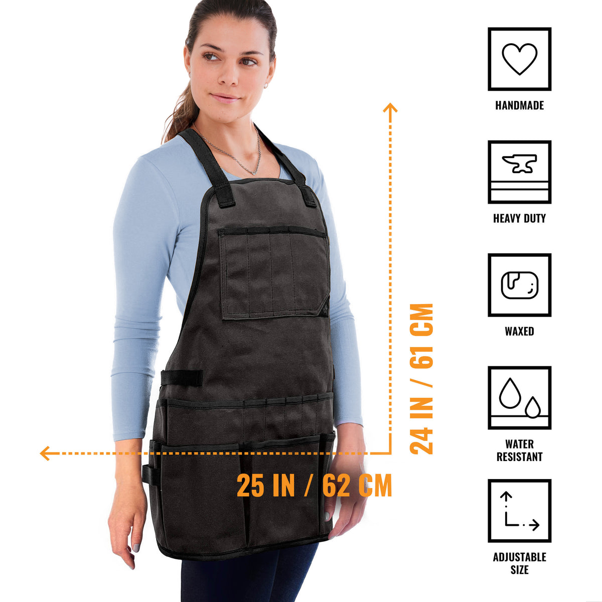 Tool Apron - 20 Pockets &amp; Slots, Cross-Back, Sturdy Waxed Canvas - Under NY Sky