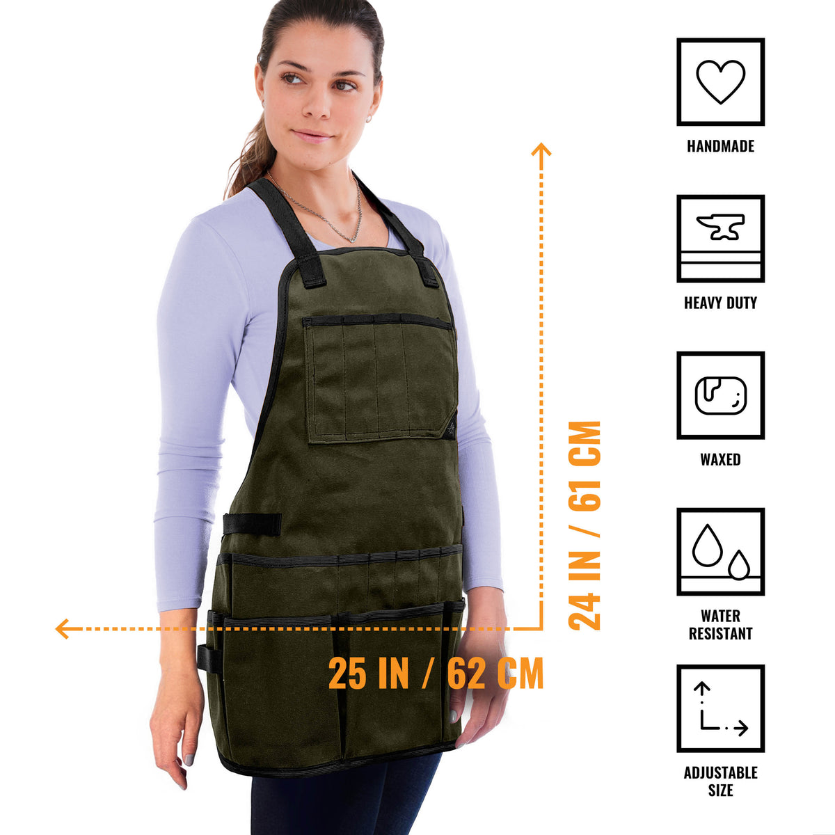 Tool Apron - 20 Pockets &amp; Slots, Cross-Back, Sturdy Waxed Canvas - Under NY Sky