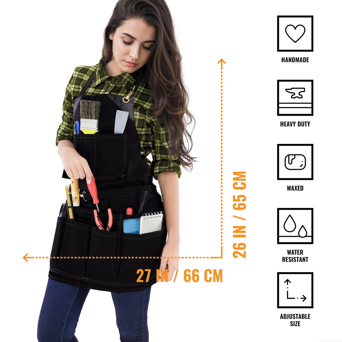 Tool Apron - 12 Pockets, Heavy-Duty Waxed Canvas, Leather Trim, NoTie - Woodwork, Garden, Shop - Under NY Sky