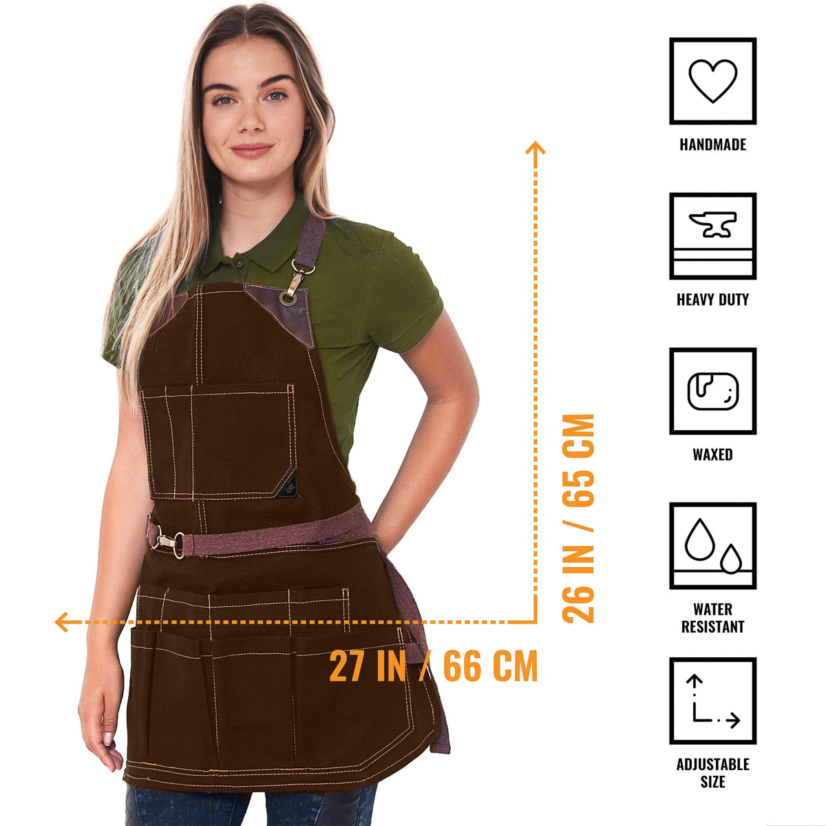 Tool Apron - 12 Pockets, Heavy-Duty Waxed Canvas, Leather Trim, NoTie - Woodwork, Garden, Shop - Under NY Sky