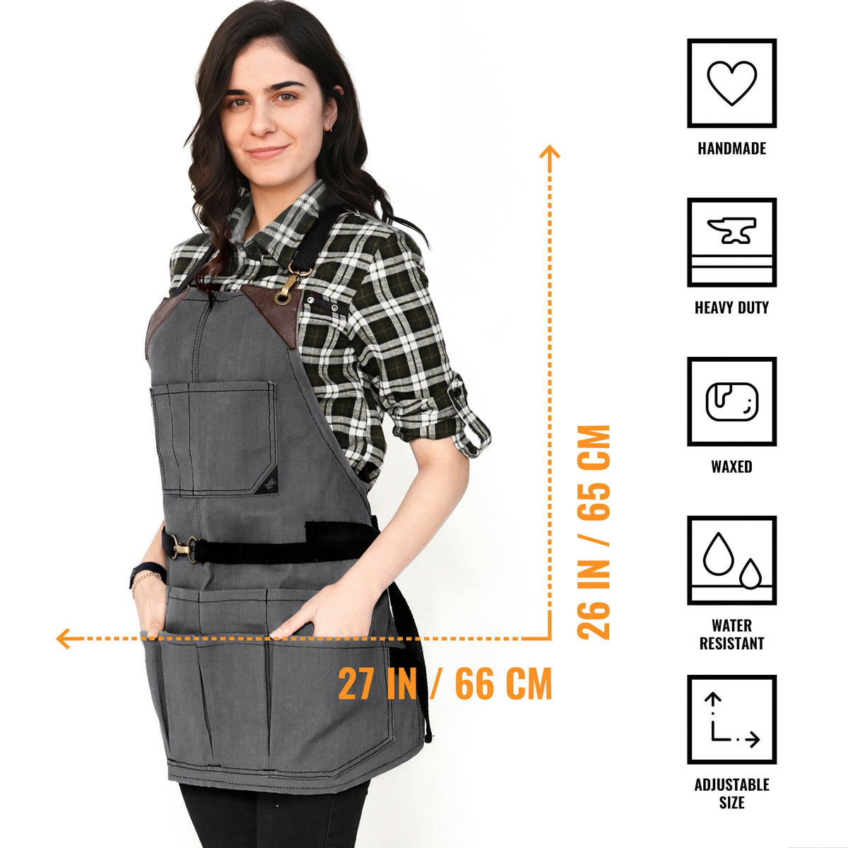 Tool Apron - 12 Pockets, Heavy-Duty Waxed Canvas, Leather Trim, NoTie - Woodwork, Garden, Shop - Under NY Sky