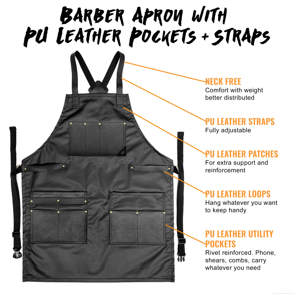 Barber Apron - Leather Straps, Pockets, Loops & Reinforcements - Crossback - Water Resistant - Under NY Sky
