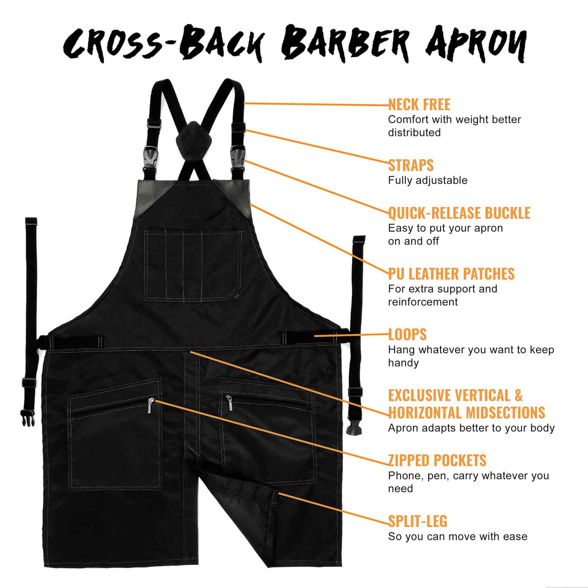 Barber Apron - Water &amp; Chemical Proof, CrossBack, Zip Pocket, Buckle Closure - Hairstylist, Colorist - Under NY Sky
