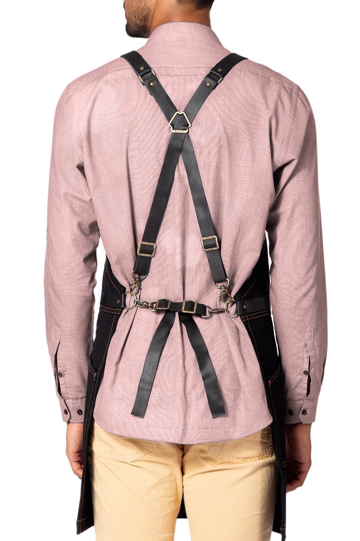 Leather Straps Apron - Denim or Waxed Canvas, CrossBack, Easy-Fastening - Carpenter, Shop, Work