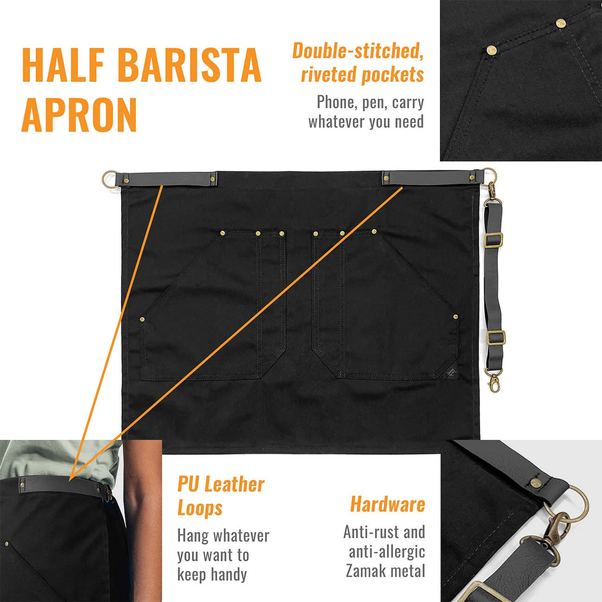 Half Barista Apron - Leather Strap and Loop - Riveted - Restaurant, Waiter, Bartender, Server - Under NY Sky