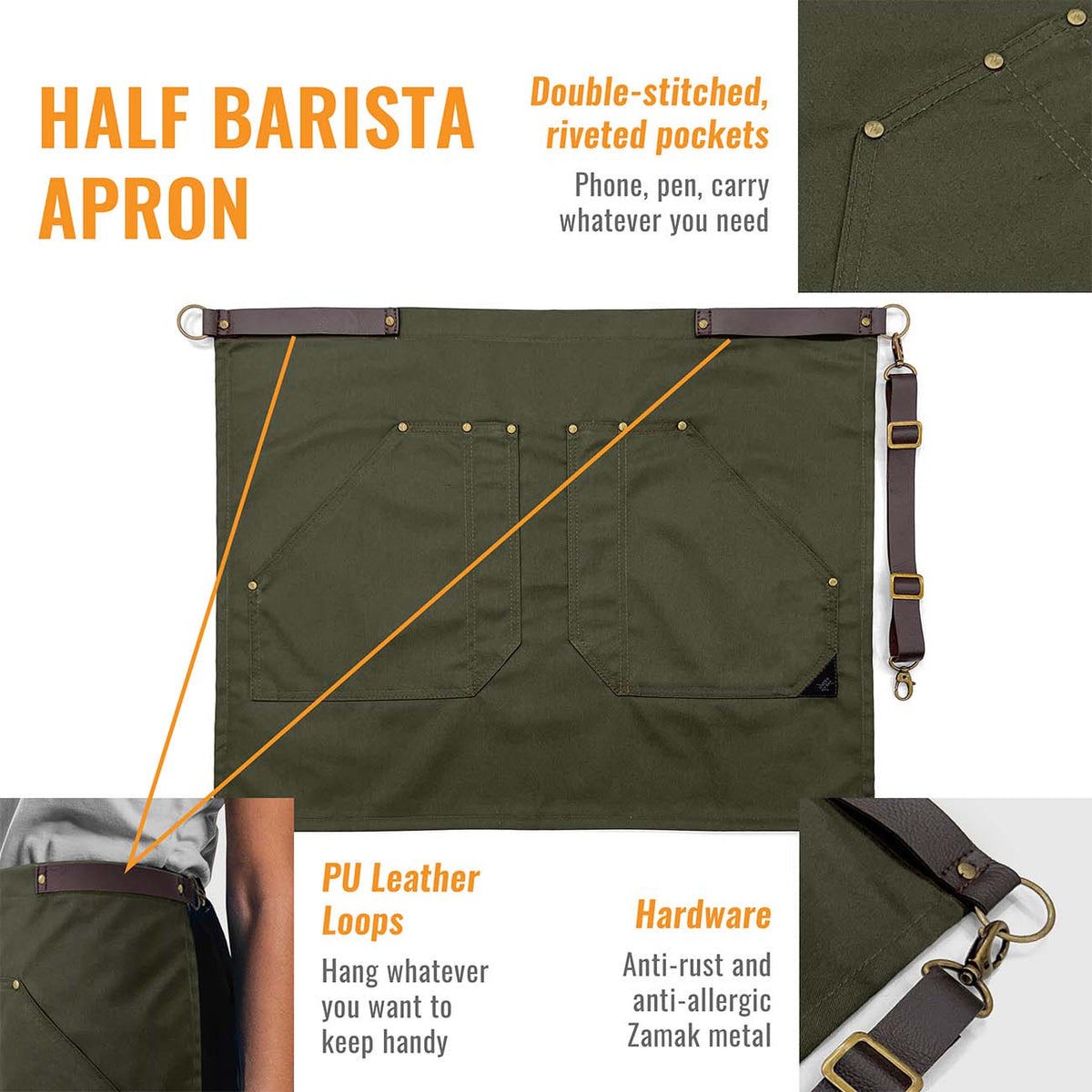 Half Barista Apron - Leather Strap and Loop - Riveted - Restaurant, Waiter, Bartender, Server - Under NY Sky