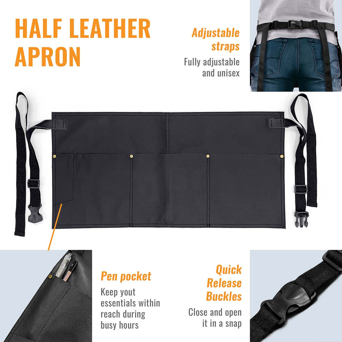 Genuine Leather Half Apron - Big Pockets - Adjustable - Restaurant, Barista, Shop, Salon, Bartender, Server, Waiter -  Under NY Sky