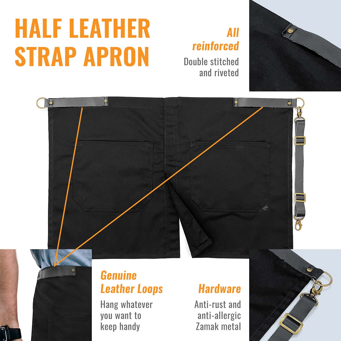Apron Staps Half Apron - Genuine Leather Straps & Loops - Restaurant, Waitstaff
