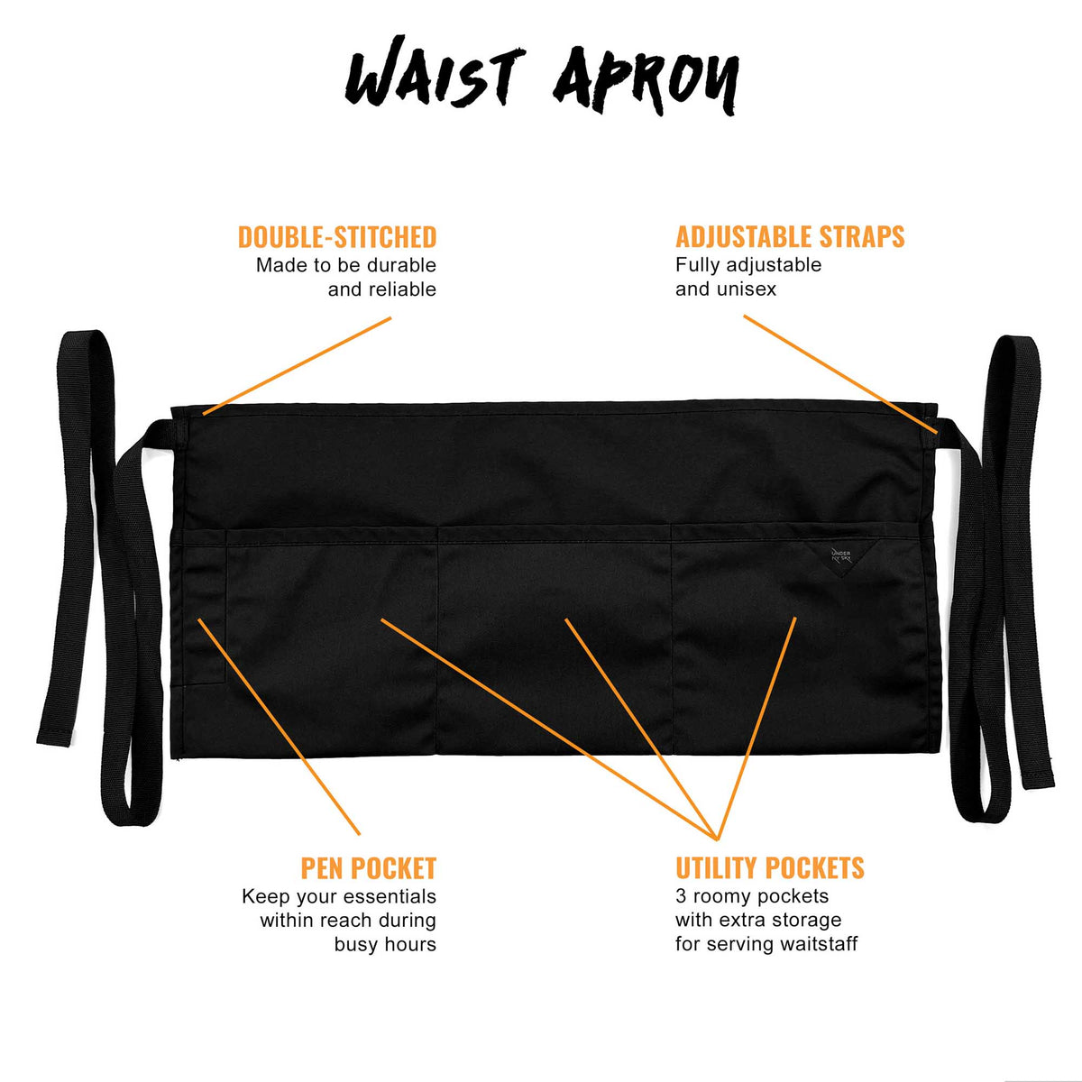 Waist Apron - 3 pockets, Durable Twill or Denim - Half Apron - Server, Waiter, Waitress, Bartender, Shop, Restaurant, Bistro Aprons - Under NY Sky