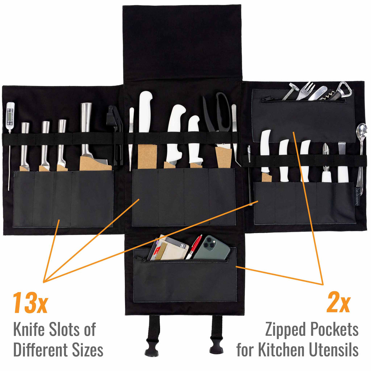 Knife Bag - Real Leather - 13 Knife Slots, 2 Zipped Pockets, Laptop Pocket - Expandable - Under NY Sky