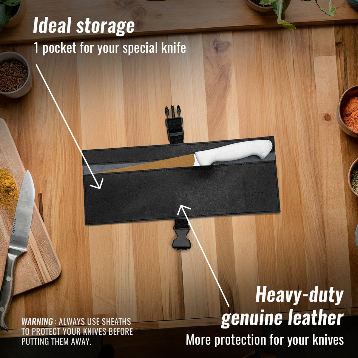 Genuine Leather Knife Roll Case - 1 to 6 Slots - Portable Bag Pouch for Cooking Tools, Utensils, Cutlery Knives - Chefs, BBQ - Under NY Sky