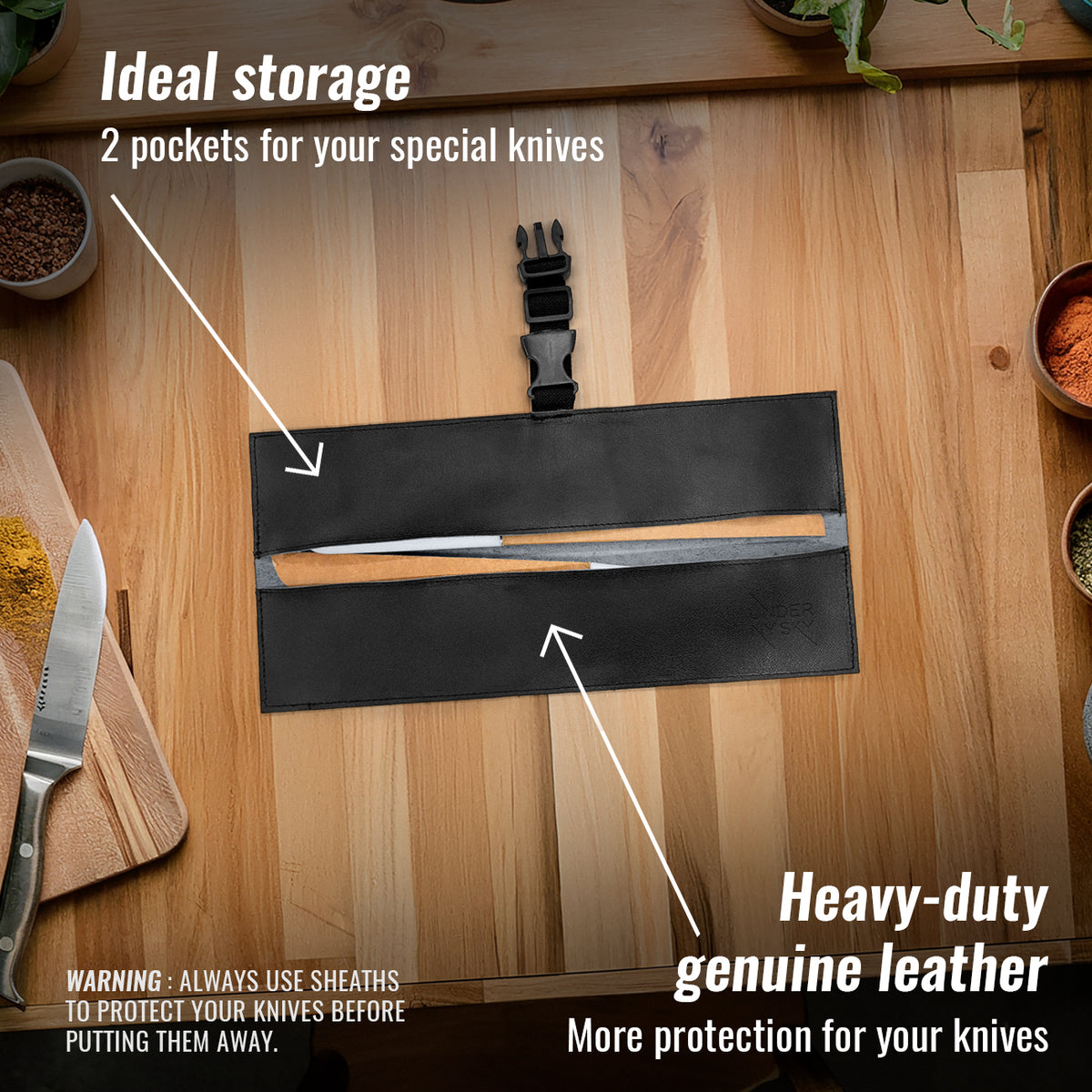 Genuine Leather Knife Roll Case - 1 to 6 Slots - Portable Bag Pouch for Cooking Tools, Utensils, Cutlery Knives - Chefs, BBQ - Under NY Sky