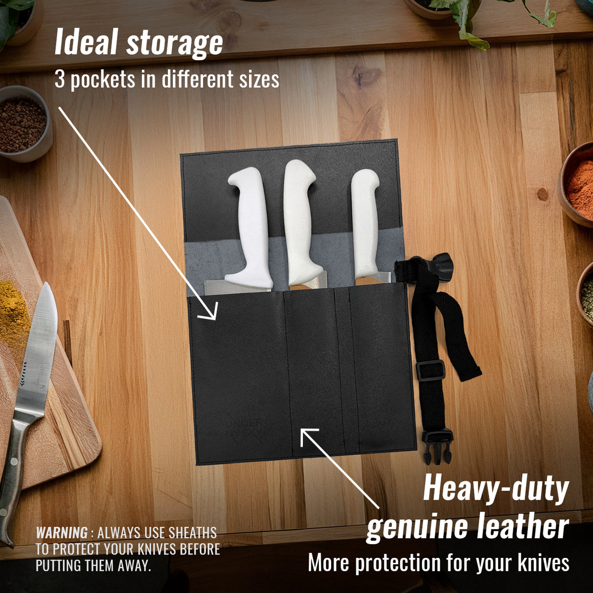 Genuine Leather Knife Roll Case - 1 to 6 Slots - Portable Bag Pouch for Cooking Tools, Utensils, Cutlery Knives - Chefs, BBQ - Under NY Sky