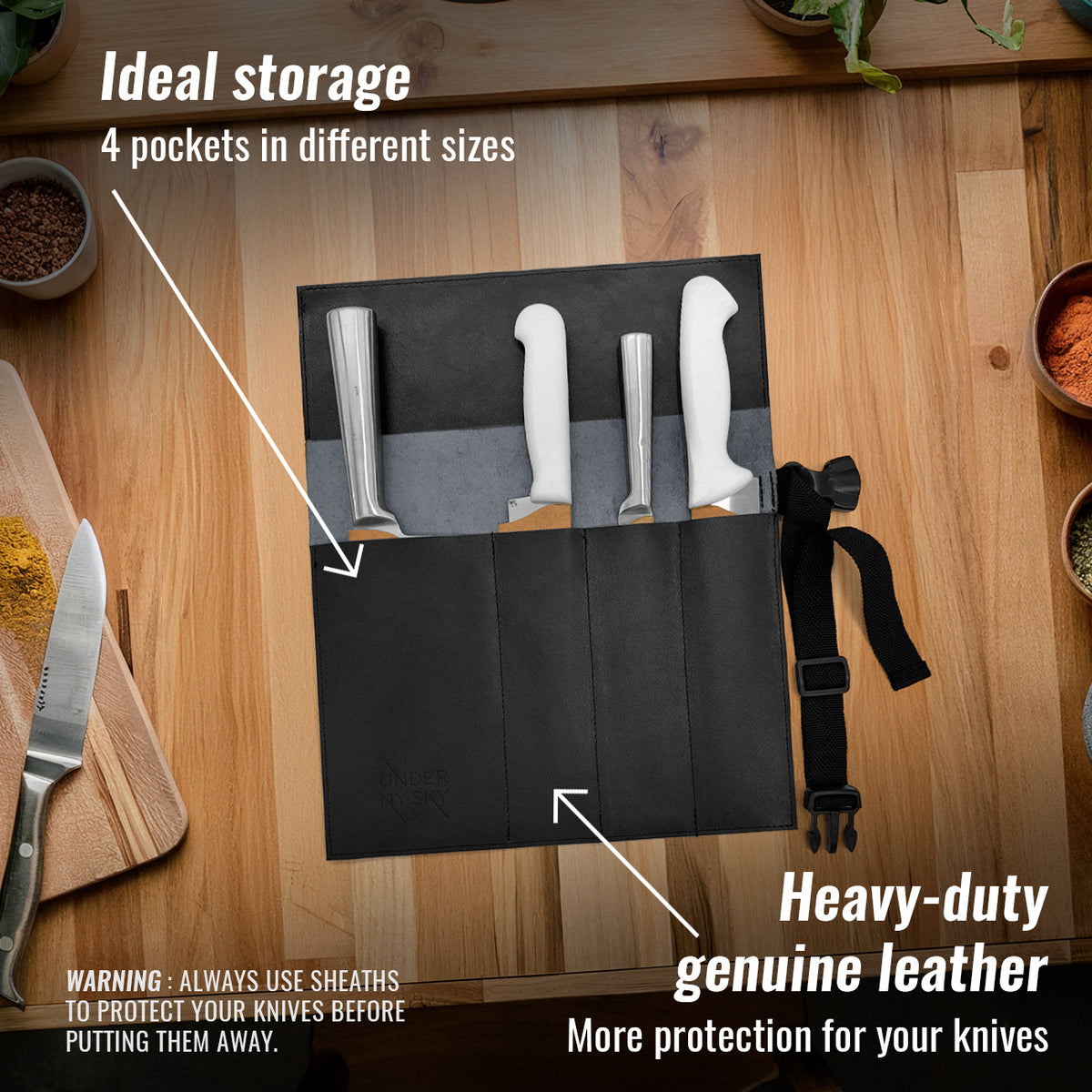 Genuine Leather Knife Roll Case - 1 to 6 Slots - Portable Bag Pouch for Cooking Tools, Utensils, Cutlery Knives - Chefs, BBQ - Under NY Sky