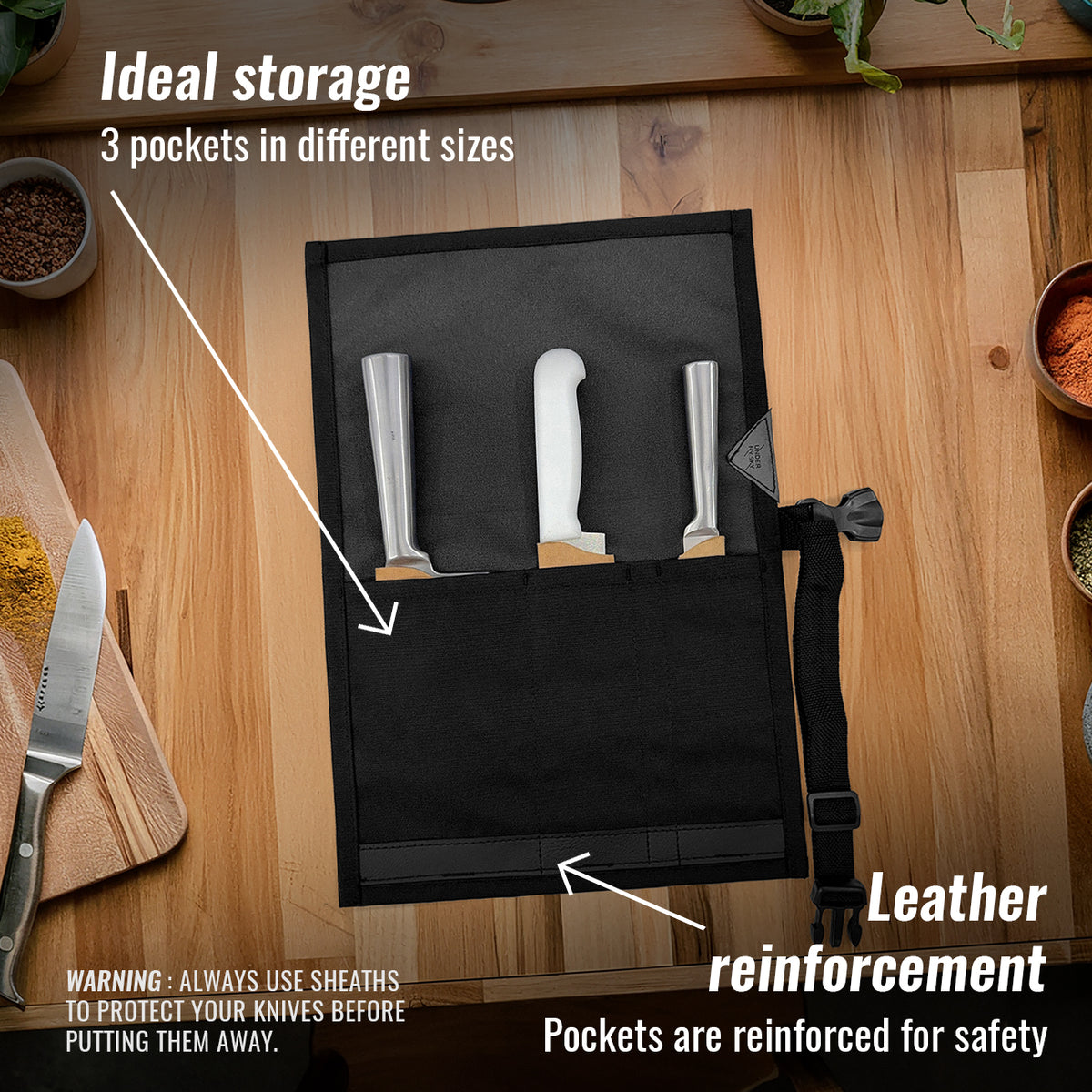 Knife Roll Case - 1 to 6 Slots - Oxford Canvas Pouch, Leather Reinforced - Portable for Cooking Tools, Utensils, Cutlery Knives -  Under NY Sky