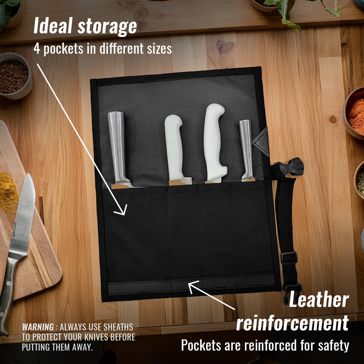 Knife Roll Case - 1 to 6 Slots - Oxford Canvas Pouch, Leather Reinforced - Portable for Cooking Tools, Utensils, Cutlery Knives -  Under NY Sky
