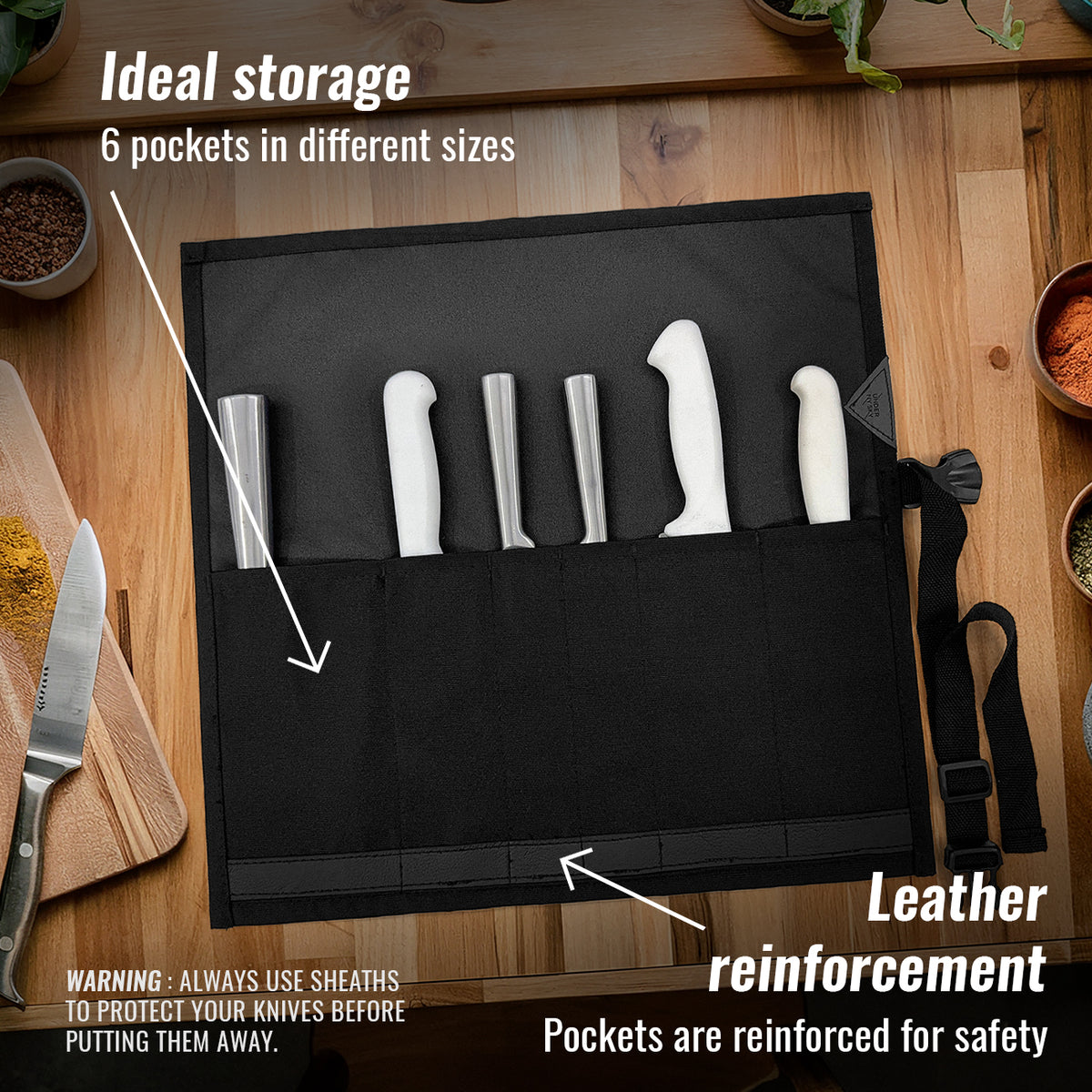 Knife Roll Case - 1 to 6 Slots - Oxford Canvas Pouch, Leather Reinforced - Portable for Cooking Tools, Utensils, Cutlery Knives -  Under NY Sky