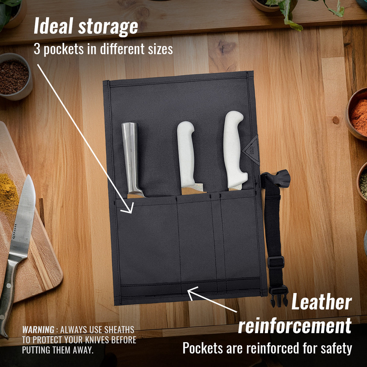 Knife Roll Case - 1 to 6 Slots - Oxford Canvas Pouch, Leather Reinforced - Portable for Cooking Tools, Utensils, Cutlery Knives -  Under NY Sky