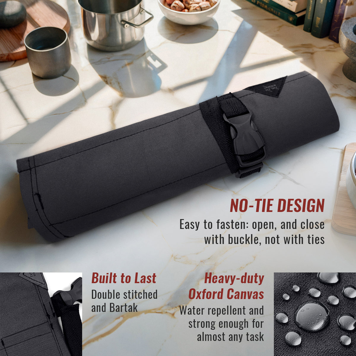 Knife Roll Case - 1 to 6 Slots - Oxford Canvas Pouch, Leather Reinforced - Portable for Cooking Tools, Utensils, Cutlery Knives -  Under NY Sky