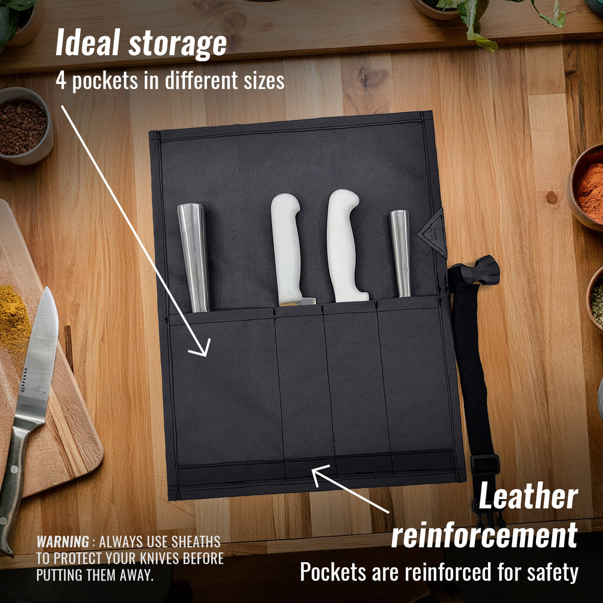 Knife Roll Case - 1 to 6 Slots - Oxford Canvas Pouch, Leather Reinforced - Portable for Cooking Tools, Utensils, Cutlery Knives -  Under NY Sky