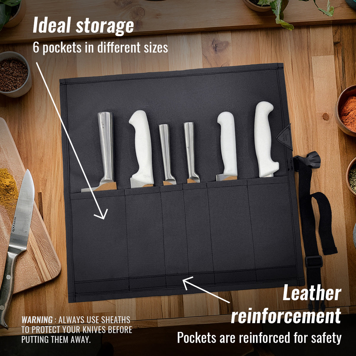 Knife Roll Case - 1 to 6 Slots - Oxford Canvas Pouch, Leather Reinforced - Portable for Cooking Tools, Utensils, Cutlery Knives -  Under NY Sky
