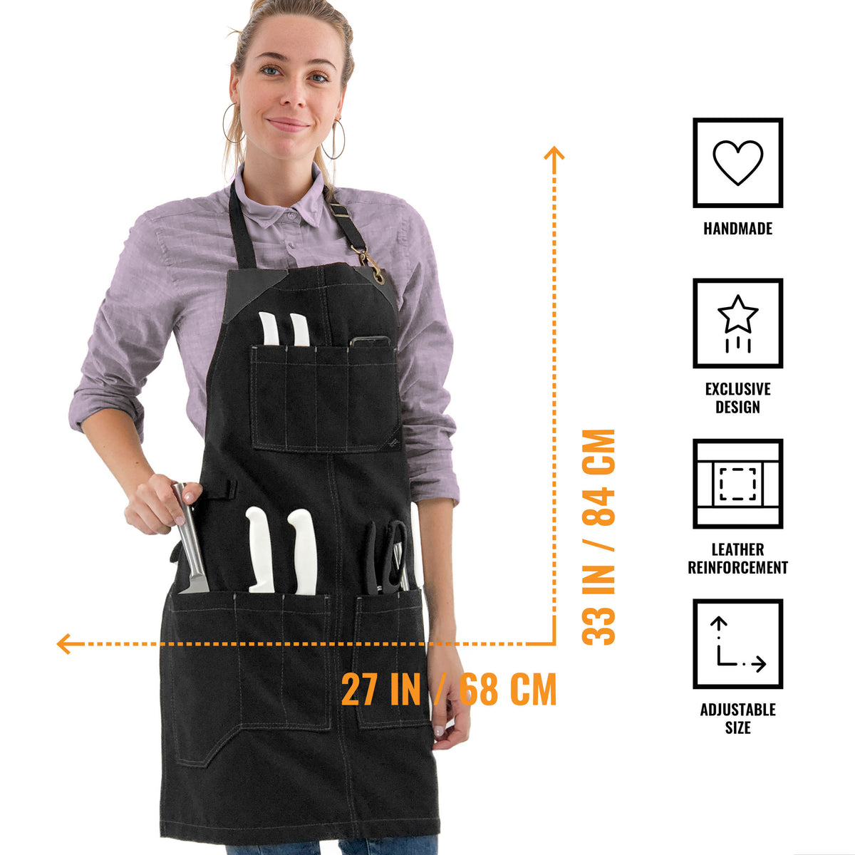 Utility Apron - Heavy-Duty Canvas, Folds into Knife Roll, Leather Trim - Chef, BBQ, Butcher - Under NY Sky 