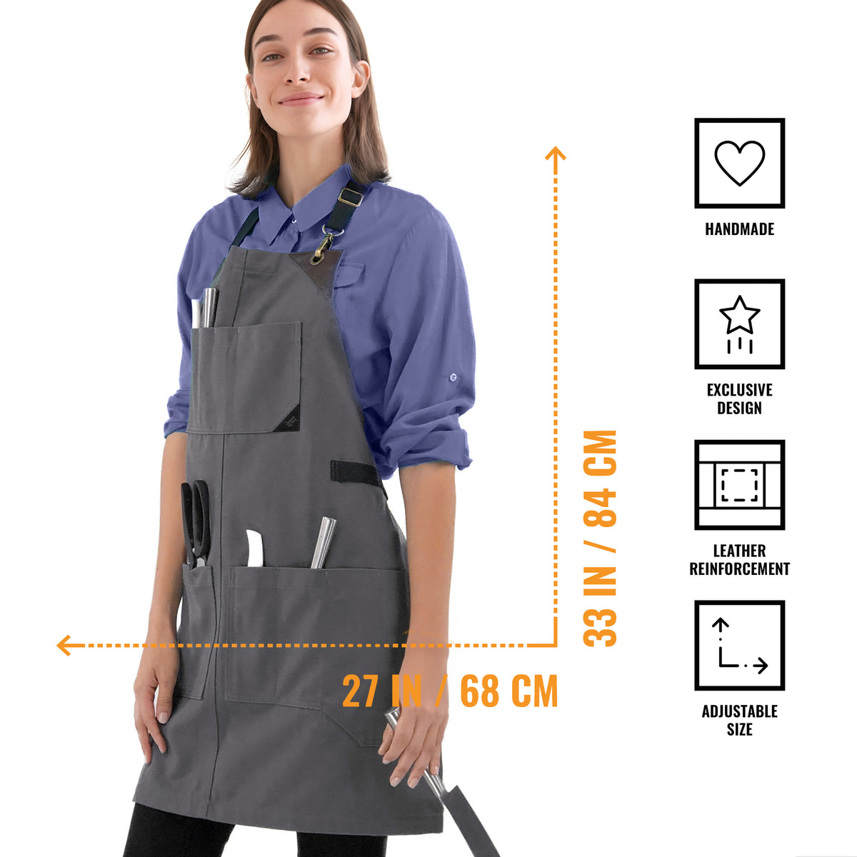 Utility Apron - Heavy-Duty Canvas, Folds into Knife Roll, Leather Trim - Chef, BBQ, Butcher - Under NY Sky 