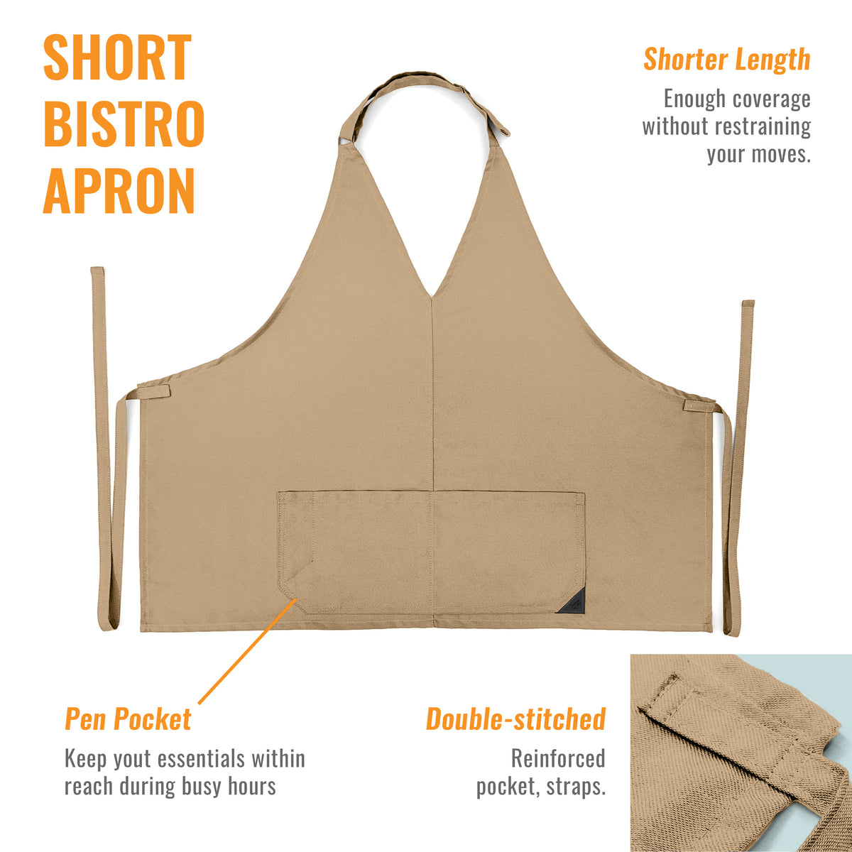 V Neck Short Apron - Tuxedo Style - Lightweight, 3 Pockets - Server, Waiter, Bistro, Restaurant - Under NY Sky