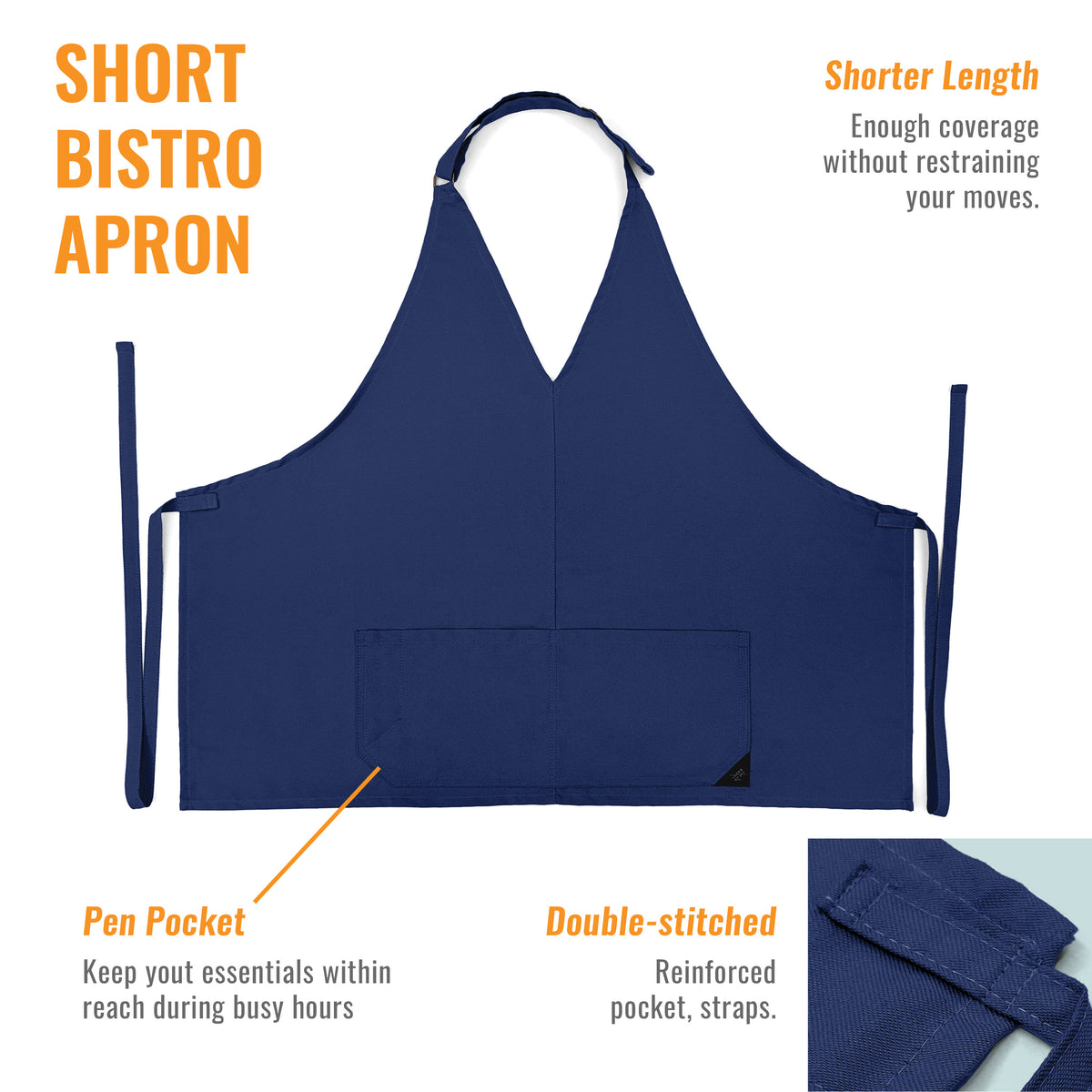 V Neck Short Apron - Tuxedo Style - Lightweight, 3 Pockets - Server, Waiter, Bistro, Restaurant - Under NY Sky