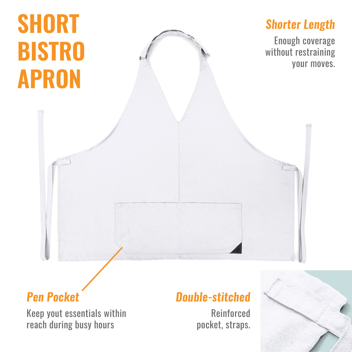 V Neck Short Apron - Tuxedo Style - Lightweight, 3 Pockets - Server, Waiter, Bistro, Restaurant - Under NY Sky