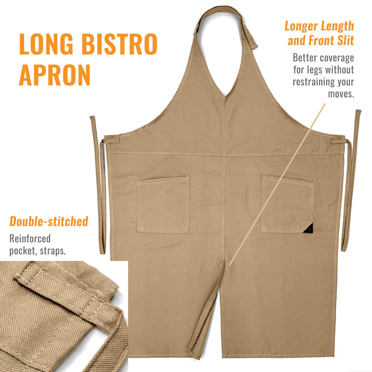 V Neck Long Apron Tuxedo Style - Front Slit, 2 Pockets - Server, Waiter, Chef, Bistrot, Restaurant -  Under NY Sky