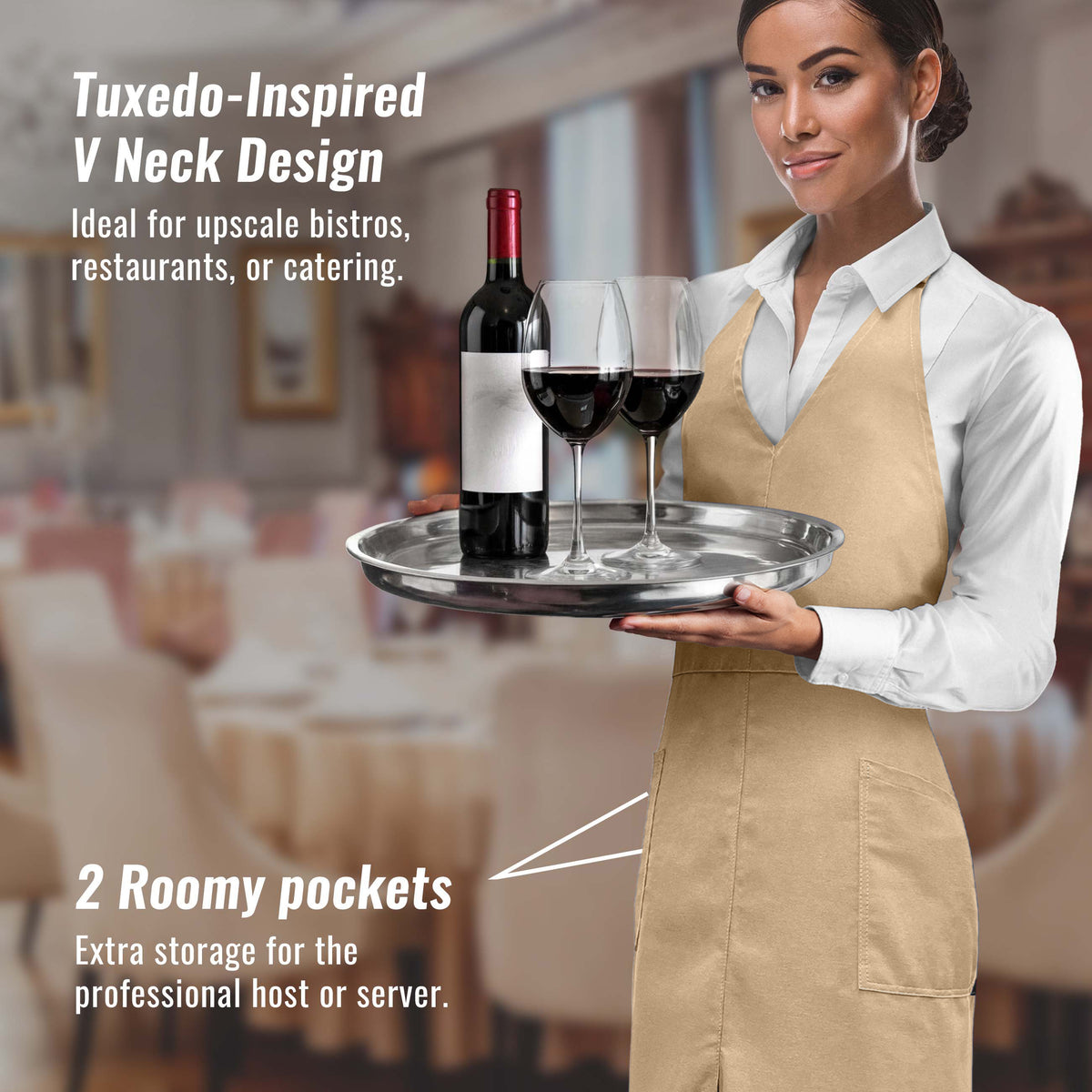 V Neck Long Apron Tuxedo Style - Front Slit, 2 Pockets - Server, Waiter, Chef, Bistrot, Restaurant -  Under NY Sky