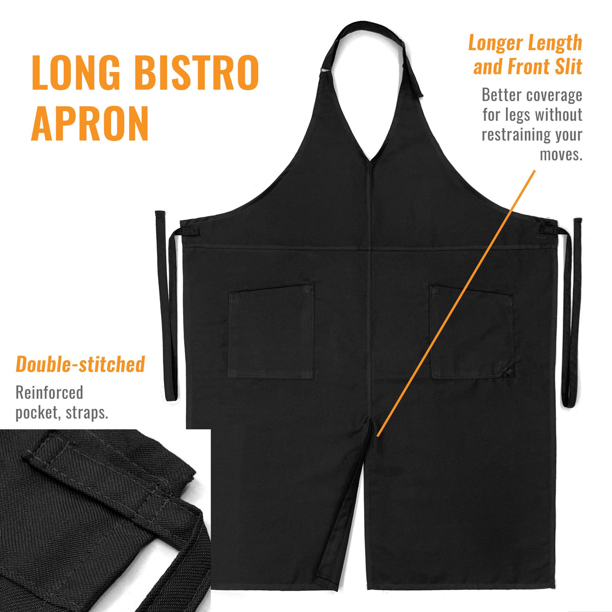 V Neck Long Apron Tuxedo Style - Front Slit, 2 Pockets - Server, Waiter, Chef, Bistrot, Restaurant -  Under NY Sky