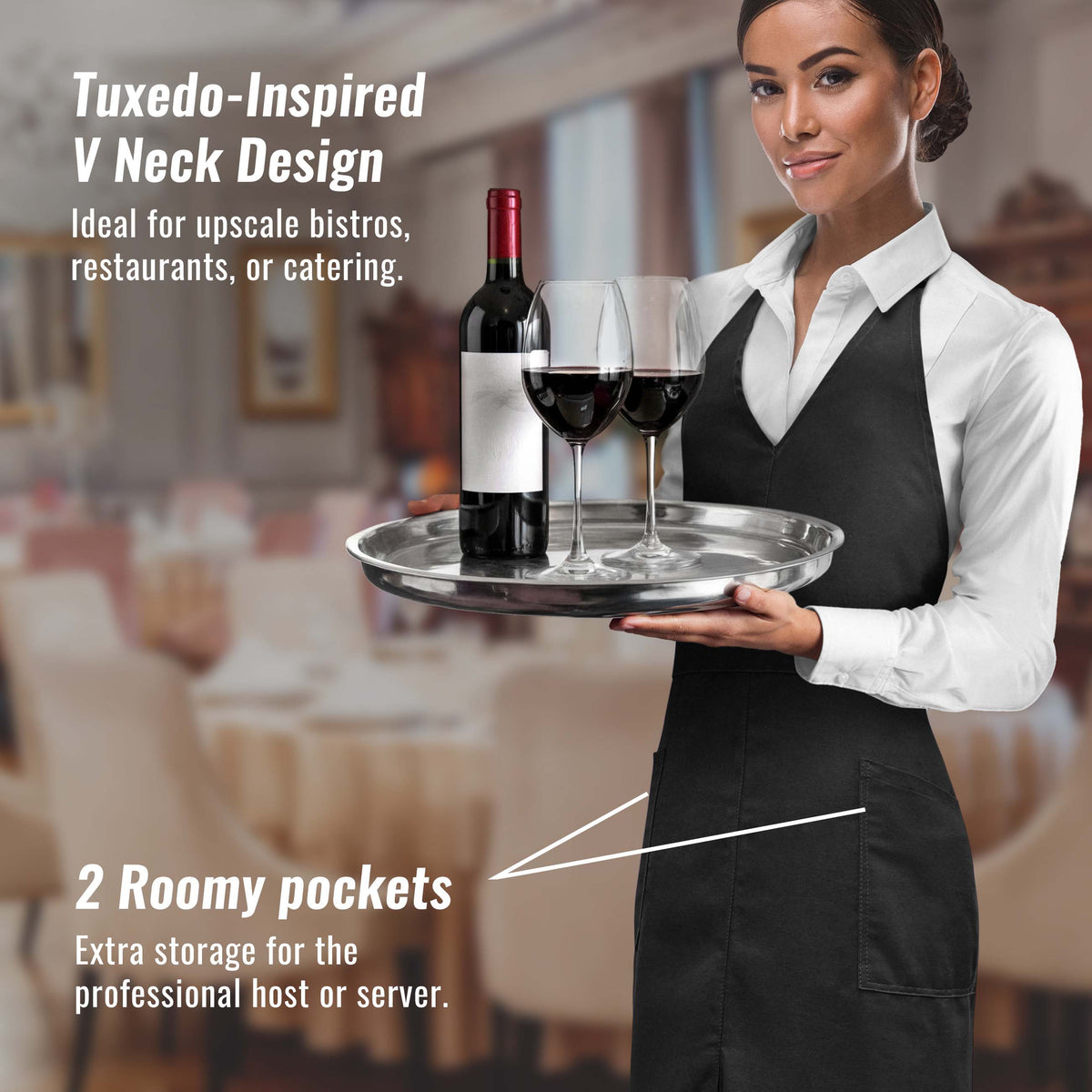 V Neck Long Apron Tuxedo Style - Front Slit, 2 Pockets - Server, Waiter, Chef, Bistrot, Restaurant -  Under NY Sky