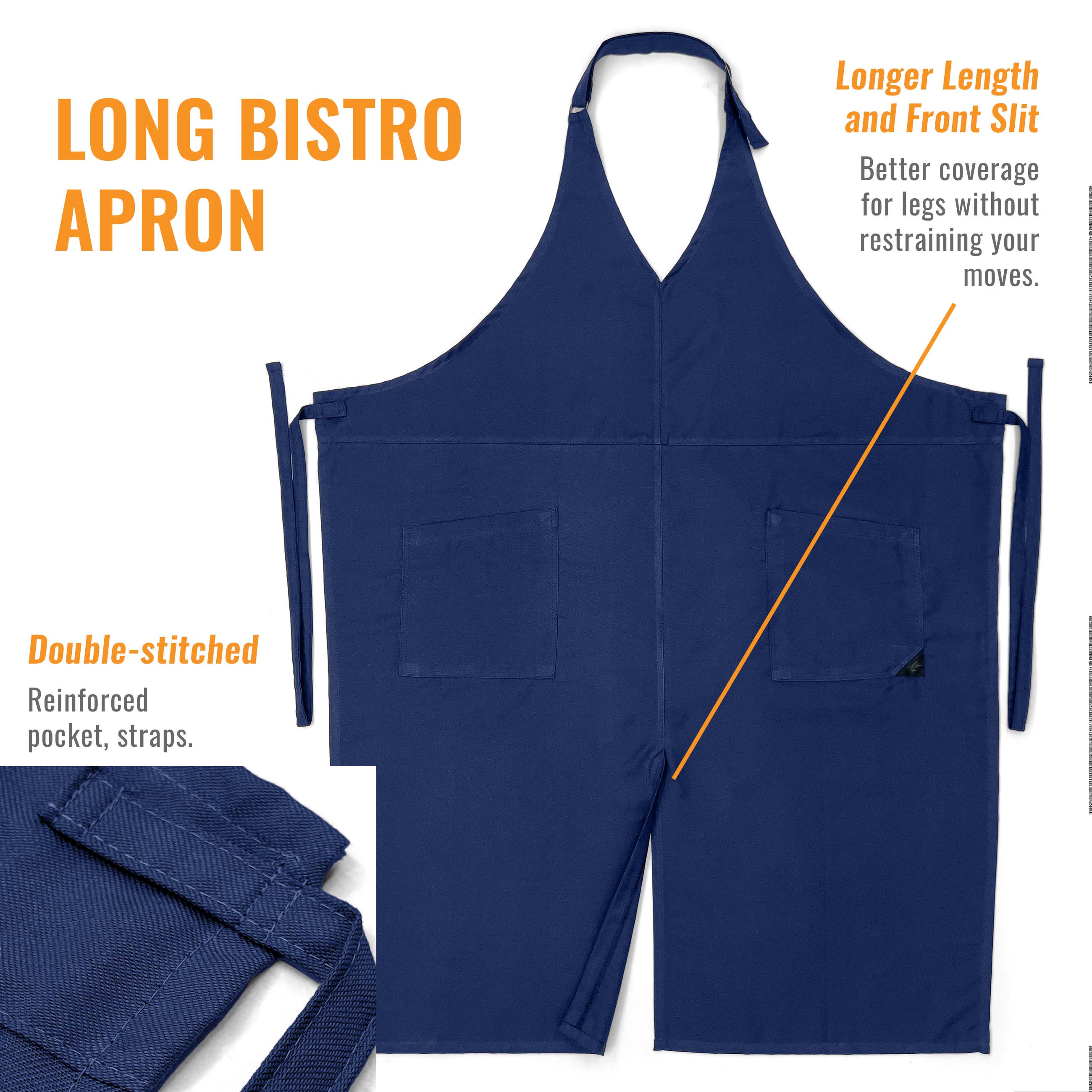 V Neck Long Apron - Front Slit, 2 Pockets, Waiter, Chef, Restaurant