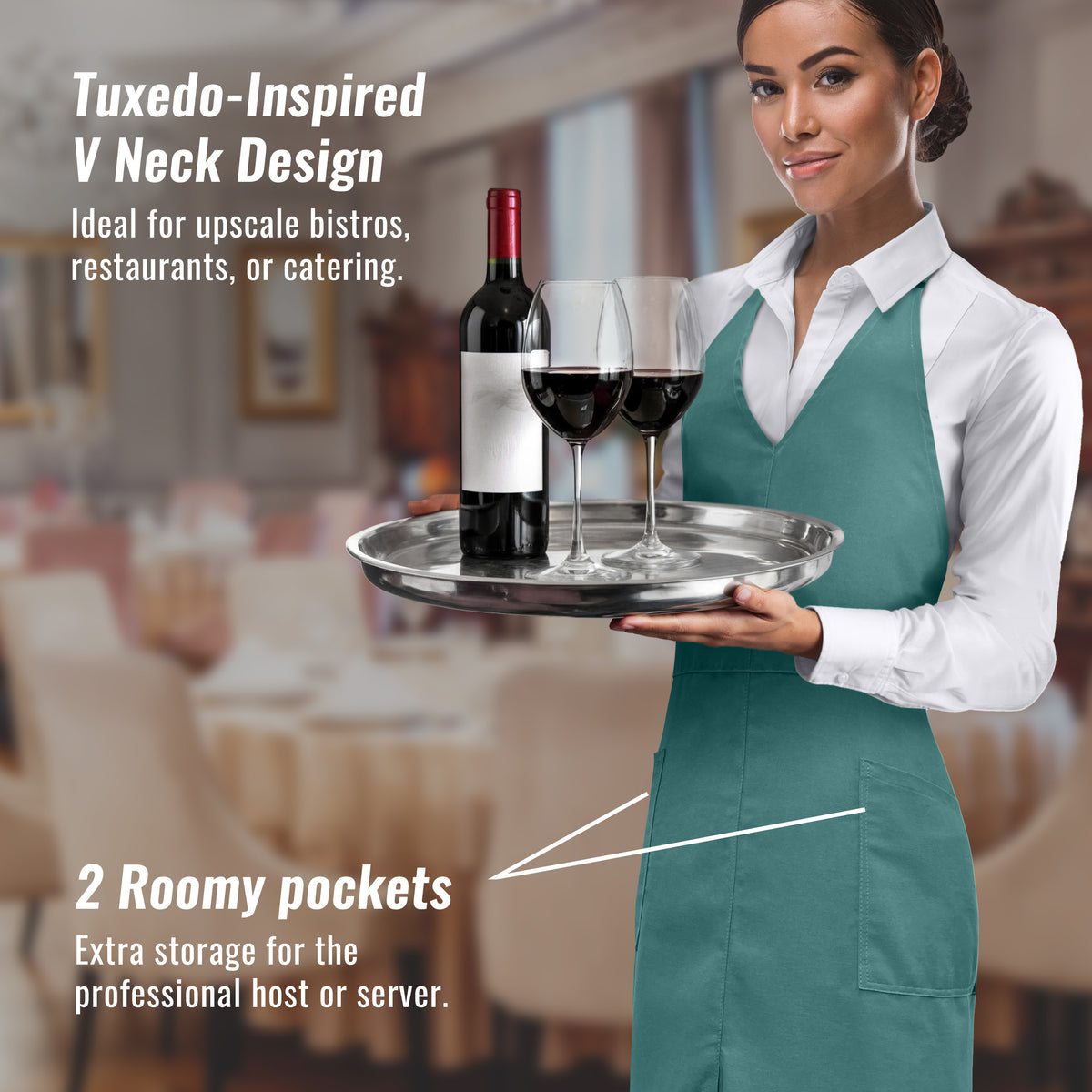 V Neck Long Apron Tuxedo Style - Front Slit, 2 Pockets - Server, Waiter, Chef, Bistrot, Restaurant -  Under NY Sky