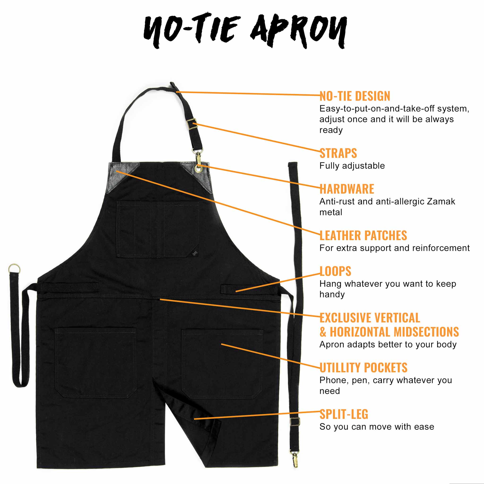 Chef Apron - NoTie - Gray, Brown, Green, or Black Twill - Blue or Black Denim - Leather Trim, Split-Leg, Bartender, Shop, 2024 Barber, Salon