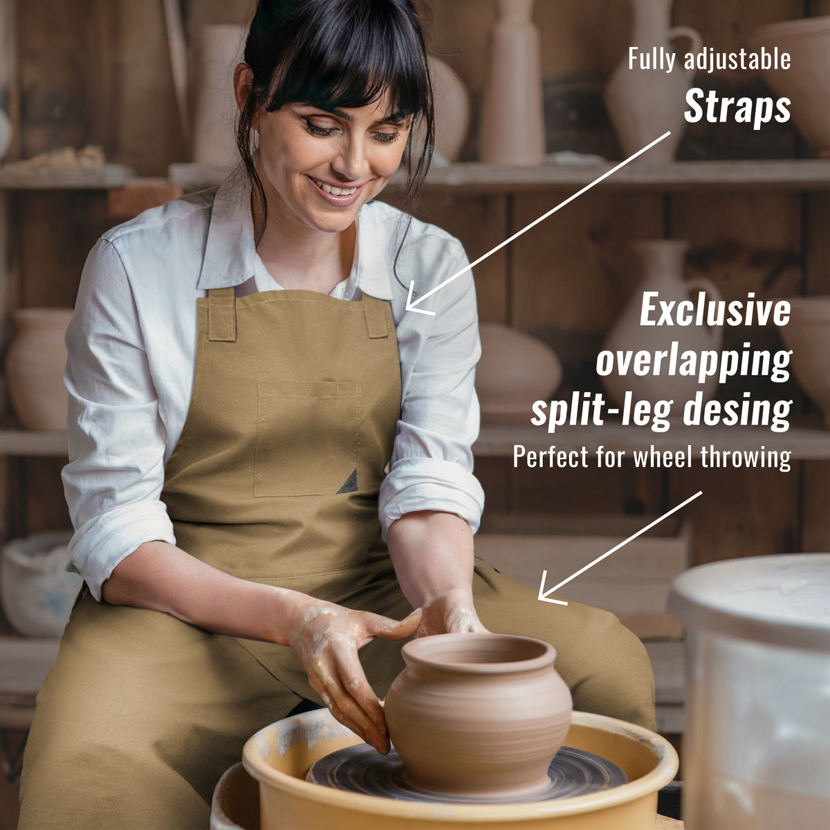 Pottery Apron - Full Cover Split-Leg, Towel Loops - for Ceramic Wheel Throwing, DIY, Painting, Potters and Clay Artists -  Under NY Sky