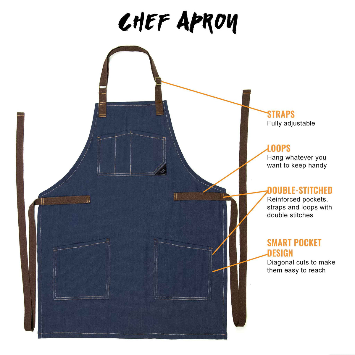 Chef Apron – Denim or Twill - Cotton Straps - Smart Pockets - Pro Chef,  Cook, Barista, Bartender