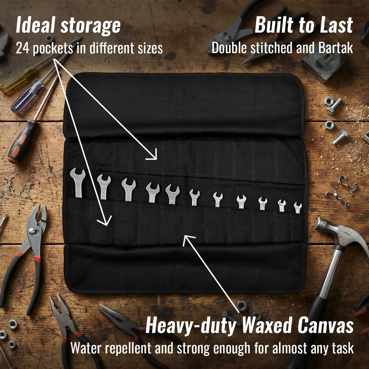 Tool Roll Organizer, Waxed Canvas, Heavy-Duty Wrench Bag, Hand Tool Pouch - Mechanics, Electricians - Under NY Sky