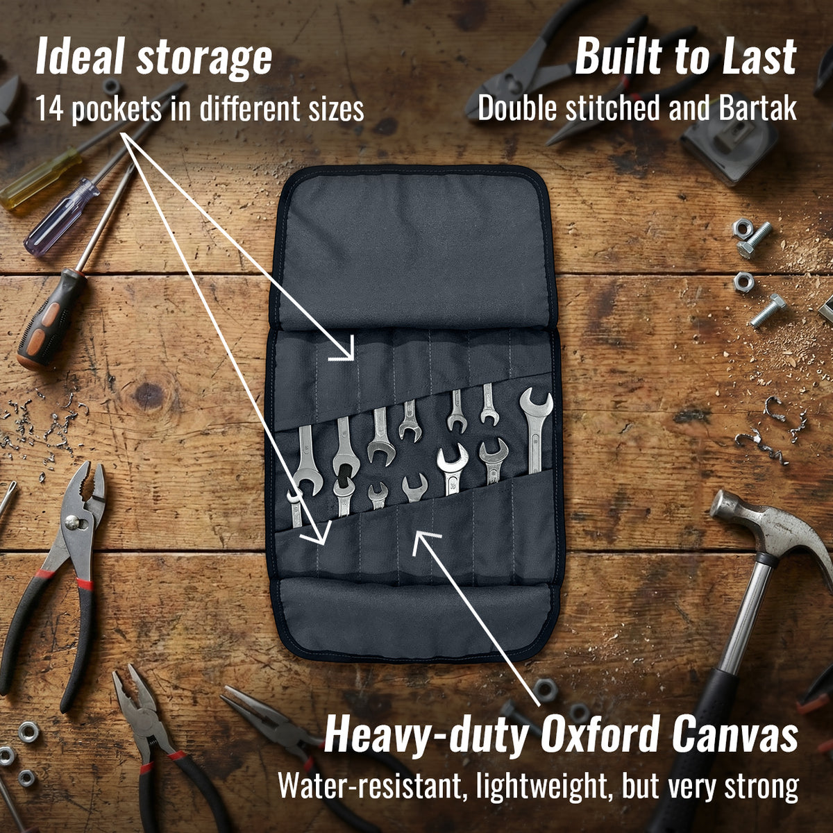 Tool Roll Organizer, Oxford Canvas, Heavy-Duty Wrench Bag, Hand Tool Pouch - Mechanics, Electricians - Under NY Sky