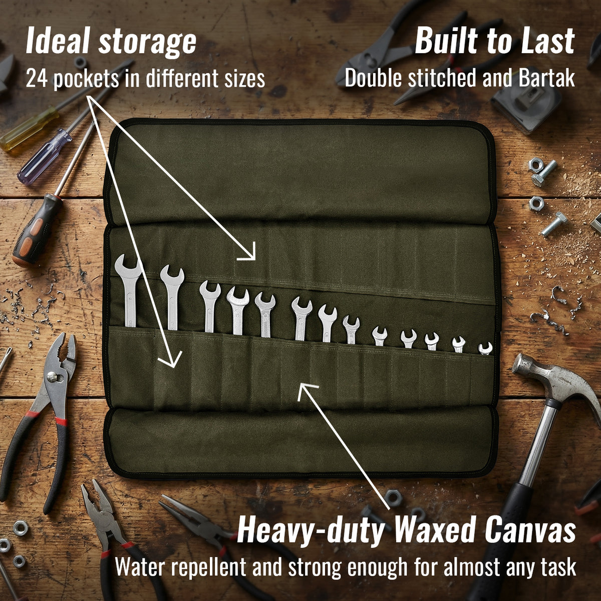 Tool Roll Organizer, Waxed Canvas, Heavy-Duty Wrench Bag, Hand Tool Pouch - Mechanics, Electricians - Under NY Sky